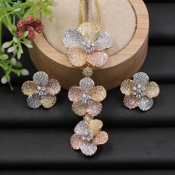 

Lanyika Jewelry Set Graceful Classic Flower Cubic Zircon Micro Paved Necklace with Earrings for Engagement Party Bridal Gifts