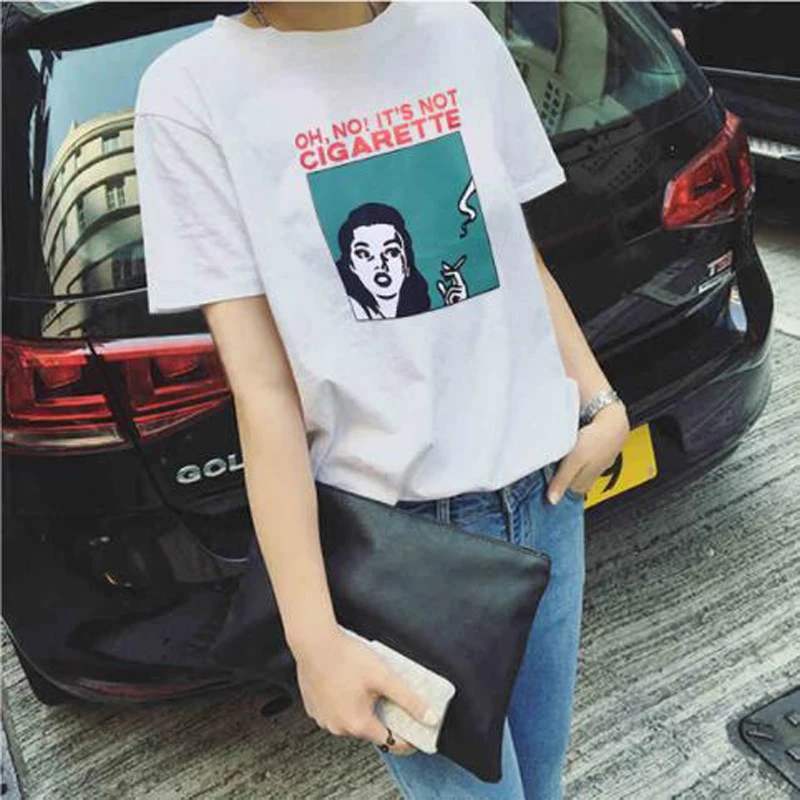 

New Fashion Woman T-shirt Spring Summer Smoking Girl Print Short Sleeve O Neck Cotton Women Tops Tees Slim Fit Woman Tshirt
