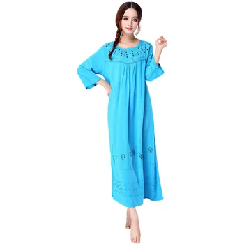 

Blue Female Casual Nightgown Bathrobe Gown Cotton Sleepwear Embroidery Night Dress Sleepshirt Long Sleeve Loose Nightwear