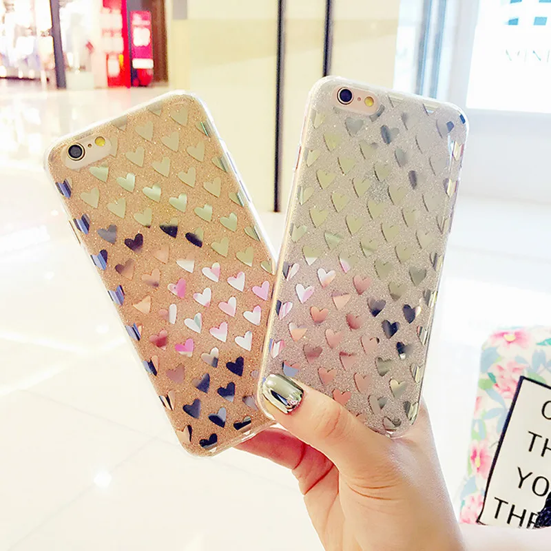 New Bling Gold Pink Love Heart Phone Case TPU Glitter for iphone7 8plus 6s 6Plus iphoneX Silicon Back Skin Cover |