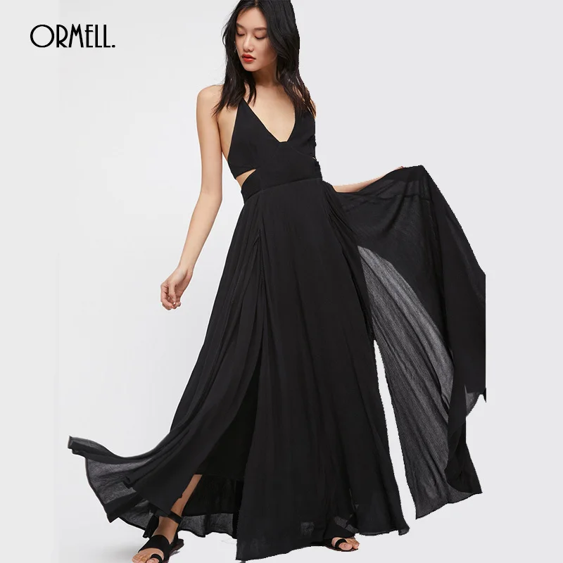 

ORMELL Sexy Spaghetti Strap Cotton Maxi Dress Women Summer Backless Female Sleeveless Halter Solid Boho Long Dresses Hot Sale