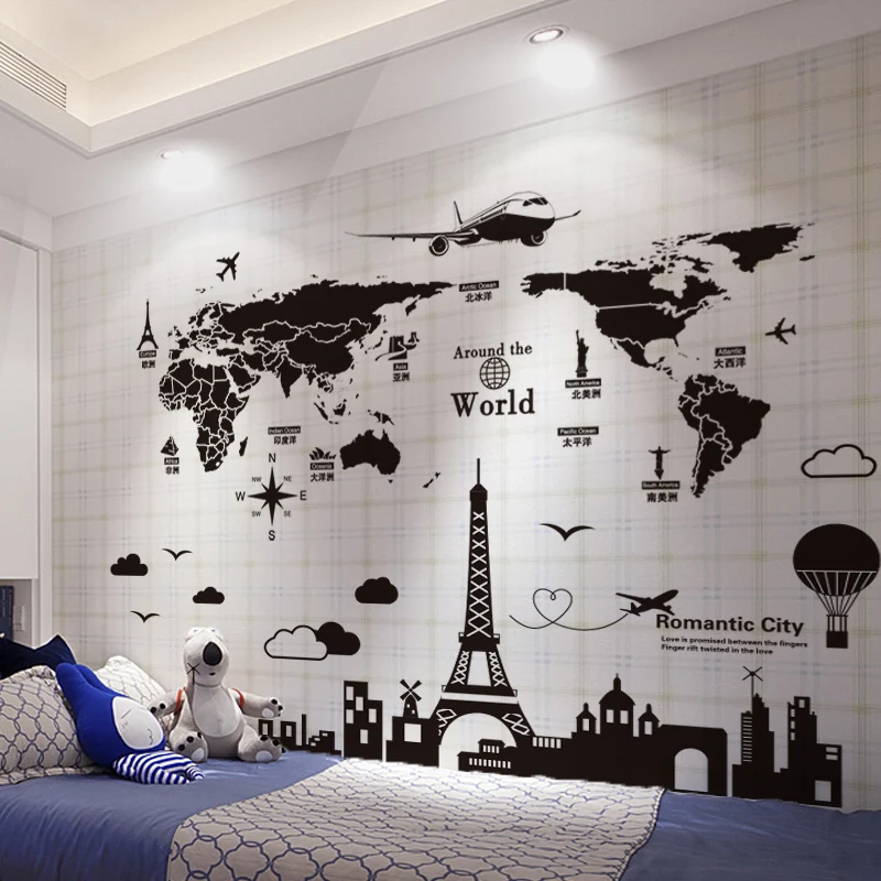 World map wall sticker room decoration home bedroom living room decor