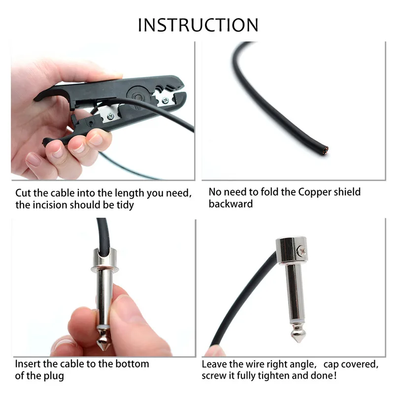 ALLMusic Solderless Connections Design Guitar Cable DIY Guitar Pedal Patch Cable kit 10 Solderless Chrome Cap Plug 3M Cable