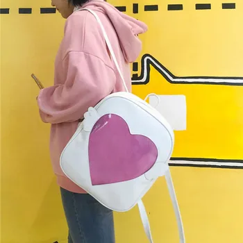 

Individuality Glitter Love Heart Bling Transparent Zipper Women PU Leather Travel Backpack Girls School Shoulder Bag FA$