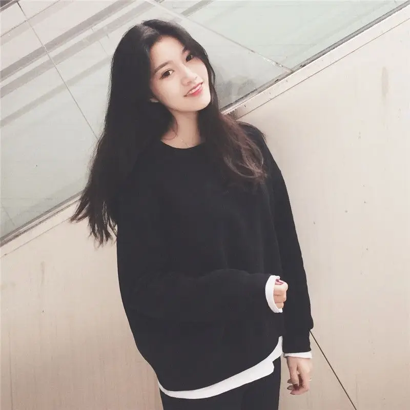 Women Fake Two-piece Sweatshirt Stitching Loose Round Neck Pullover Long Sleeve Casual Thin Section 2018 Tops Femalr Women Fake Two-piece Sweatshirt Stitching Loose Round Neck Pullover Long Sleeve Casual Thin Section 2018 Tops Femalr