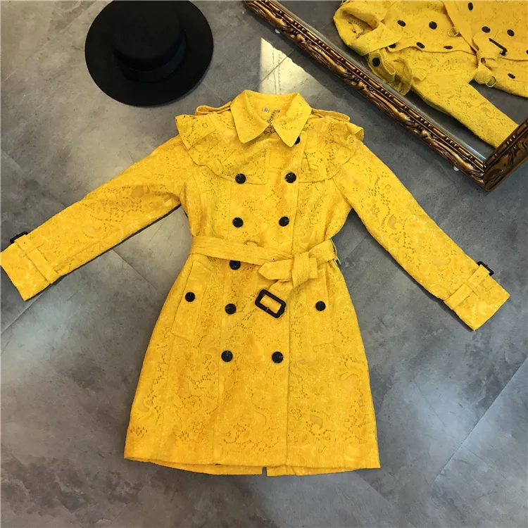 High quality lace ruffles belted windbreaker coat 2018 autumn sweet girl's trench coat D223 Coats