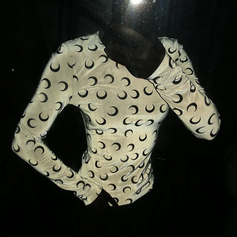 

Reflective Tee shirt O Neck Streetwear Top Women 2019 Harajuku Tee Shirt Fashion Slim Fit Long Sleeve Print reflective T-shirt