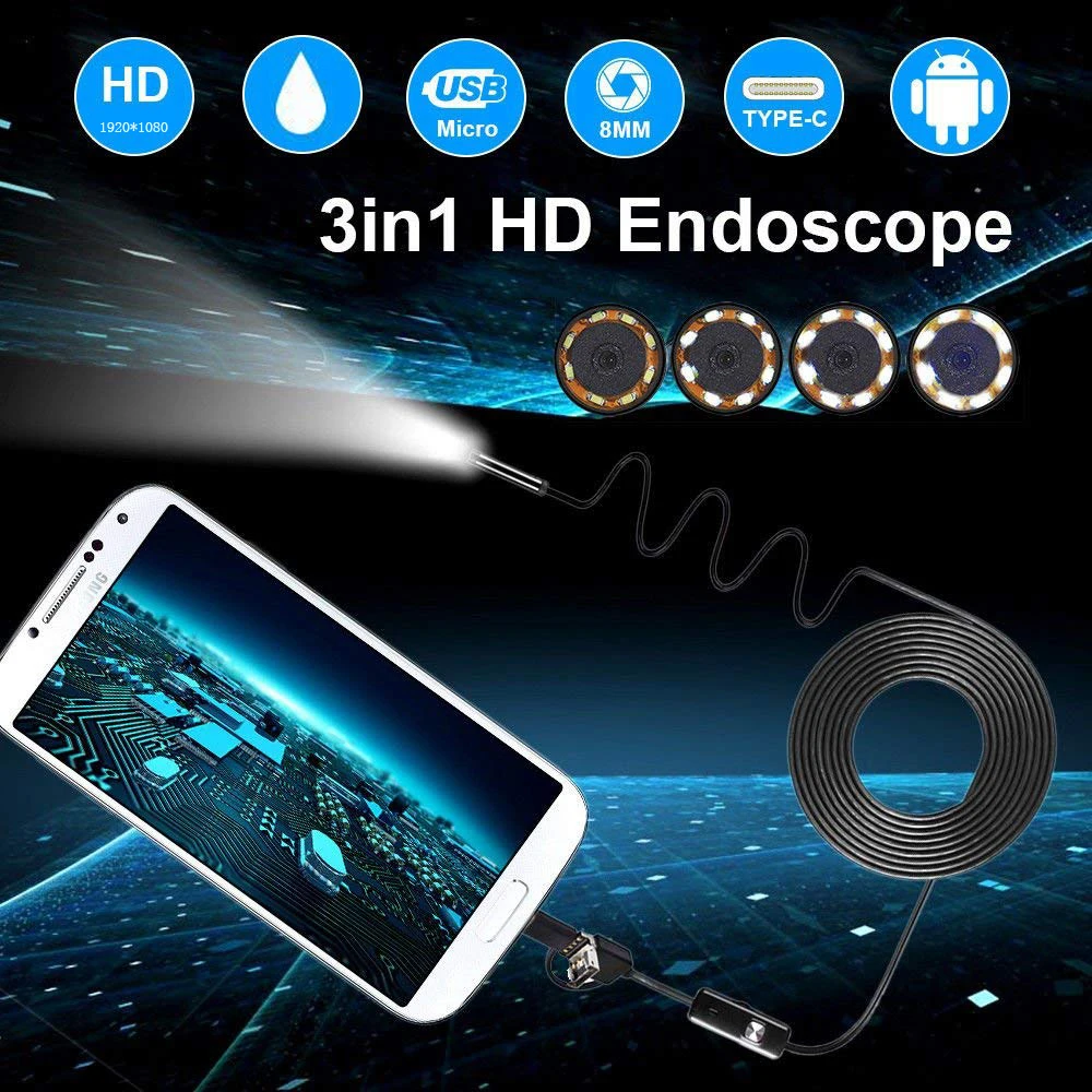 Android эндоскоп камера type-C 1200P HD бороскоп 8 мм объектив 1 м 2 м 5 м Проводная Инспекционная камера для ПК Android телефон труба ремонт автомобиля