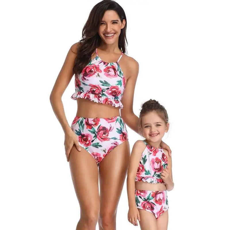 

2pcs Parent-Child Bikini Set Print Tube Top Ruffle Backless Cross Swimsuit
