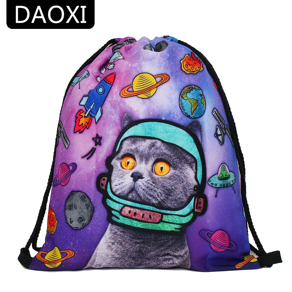 DAOXI мешки Drawstring 3D печатных Space Cat Kawaii животный принт Для женщин рюкзаки