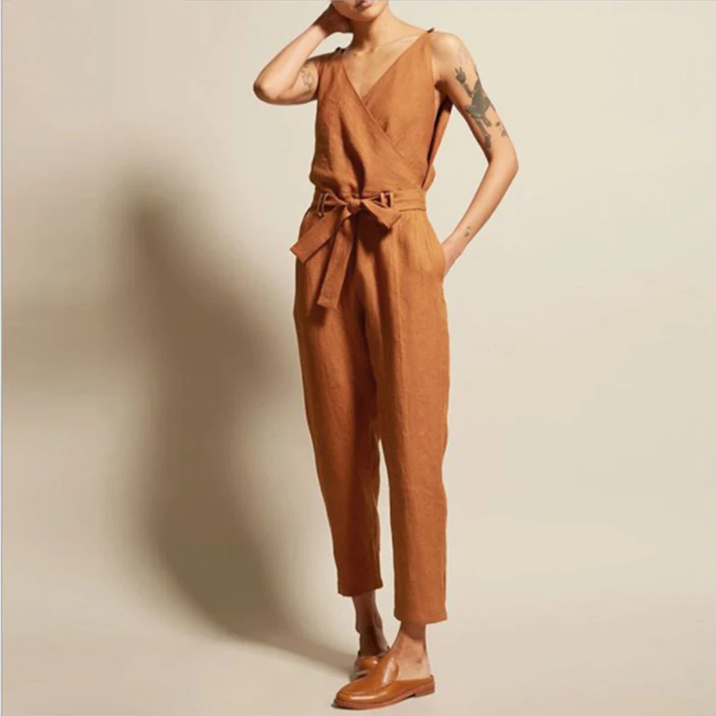 

Women's Cotton Line Jumpsuit Overalls Sexy Deep V-Neck Sleeveless Sashes Playsuits Summer Solid Plus Size 5XL Jumpsuits Woman