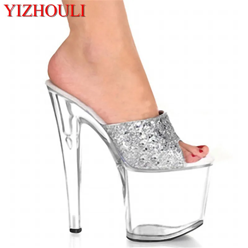 

8 Inch Summer Clear High Heel Shoes For Women Sexy Crystal Shoes 20cm Silver Glitter Slippers Dancer lucency Platforms Shoes