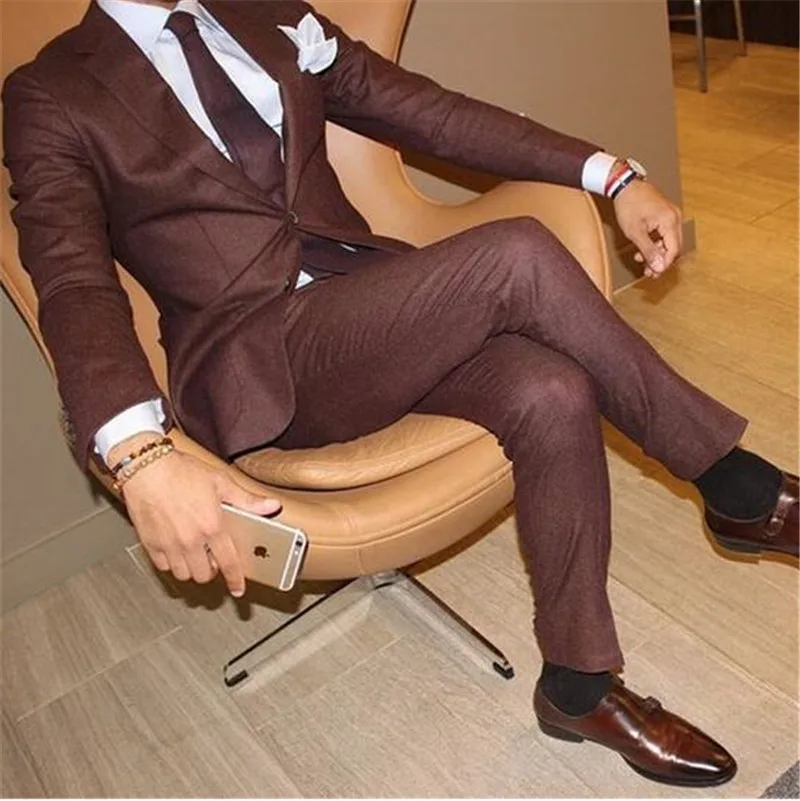 Brown Custom Peak Lapel Coat Pant Designs Men Suits Casual Summer Beach Custom Made Slim Fit Blazer 2 Pcs Tuxedo Jacket+Pants
