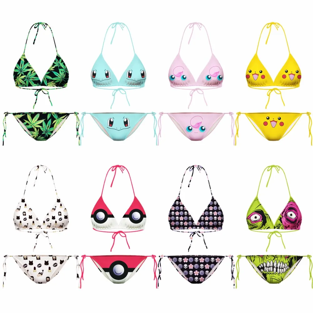 

3D print Pokemon pikachu Woman Smile Brazilian Bikini set Bikini Halter Swimwear Swimsuit Bathing Suit cartoon Character