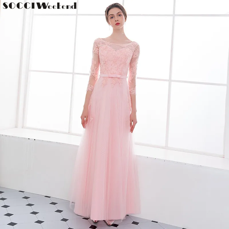 

Long Evening Dresses 2019 Three Quarter Sleeves Lace Up Back Appliques Lace Homecoming Dress Bridal Formal Wedding Party Gowns