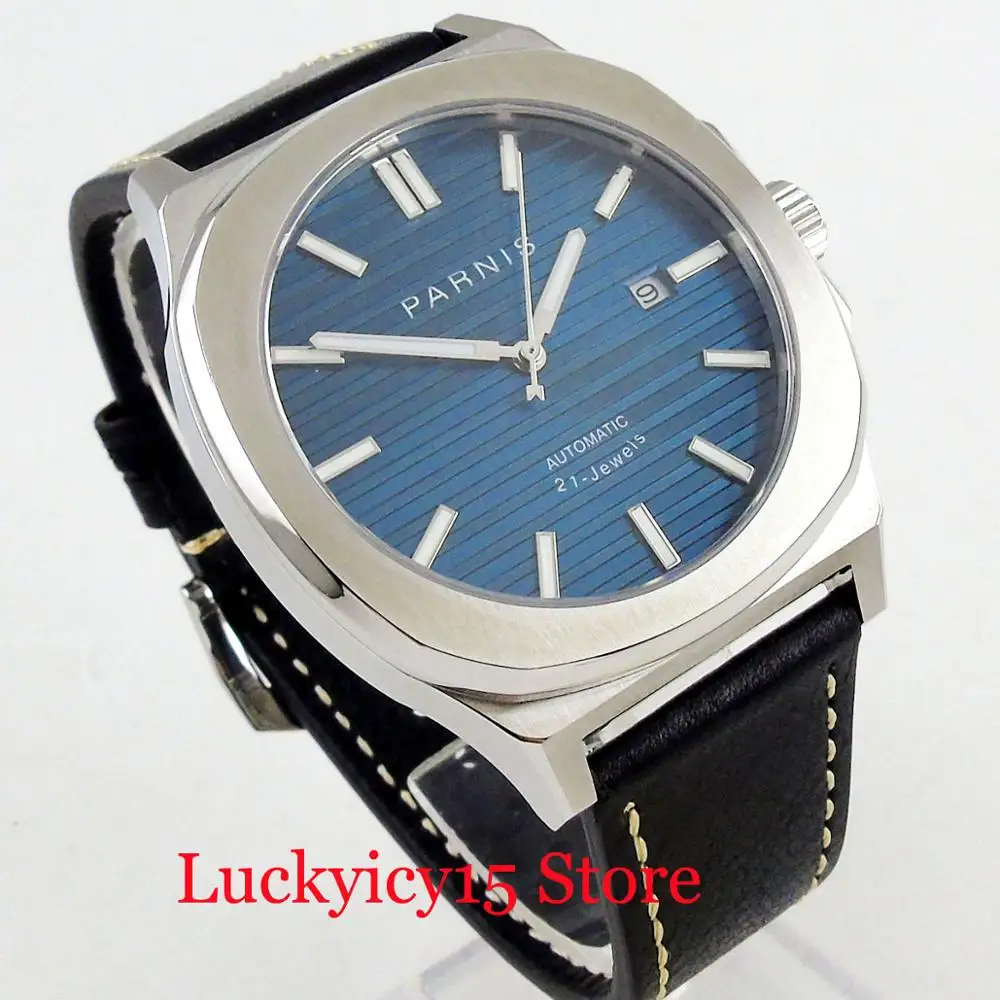 PARNIS роскошный синий циферблат 44 мм механические наручные часы Авто Дата из нержавеющей стали часы Чехол кожаный ремешок