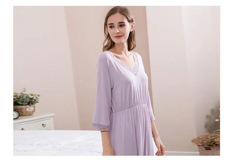 Летнее женское милое кружевное Ночное платье, женская ночная рубашка из бамбукового волокна, женская ночная рубашка с v-образным вырезом и коротким рукавом, размер Plua
