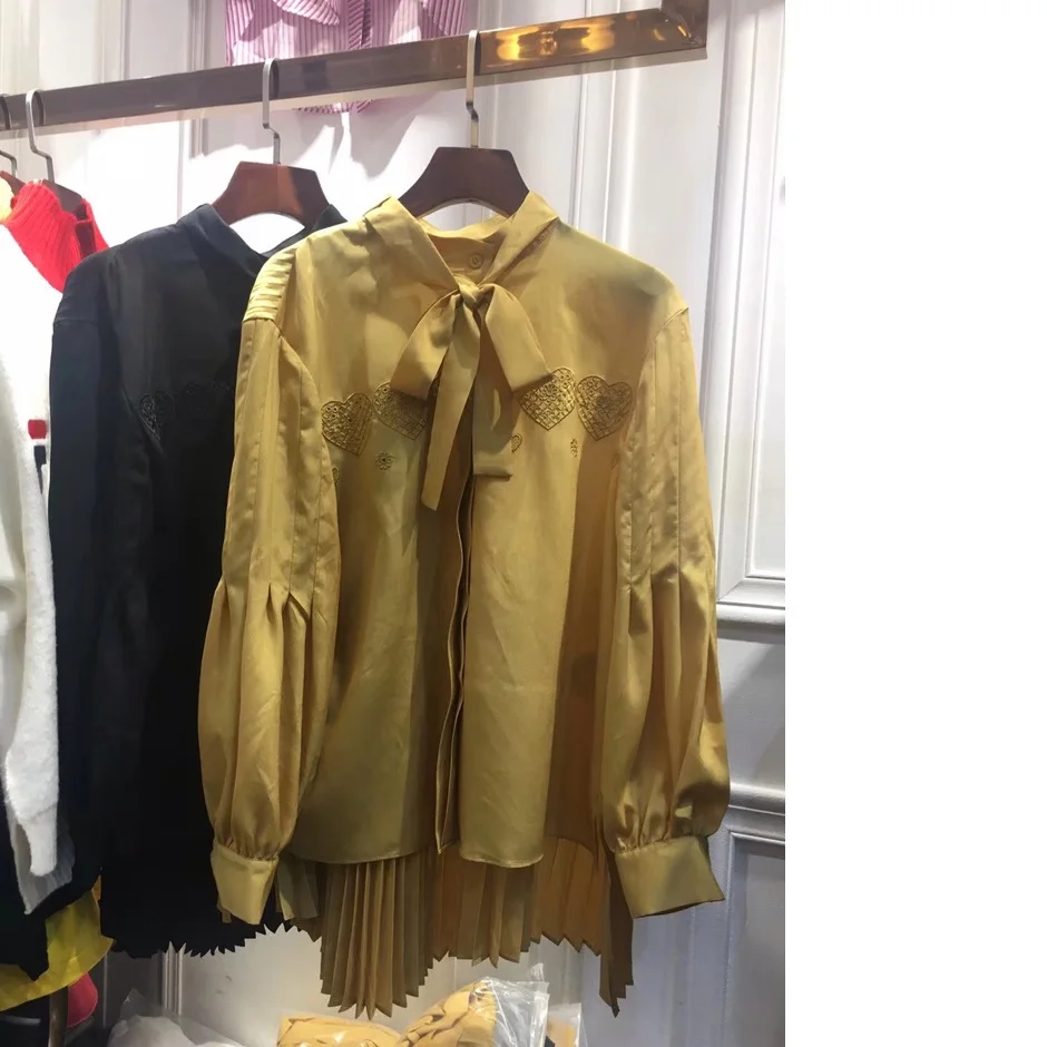 Yellow Taille Plissé Manches Chemise Blouse Dames À Automne Shirts Plus Tops Col Arc Patchwork Jaune La Mode Longues Noir Femmes 2018 8OwaFRqg