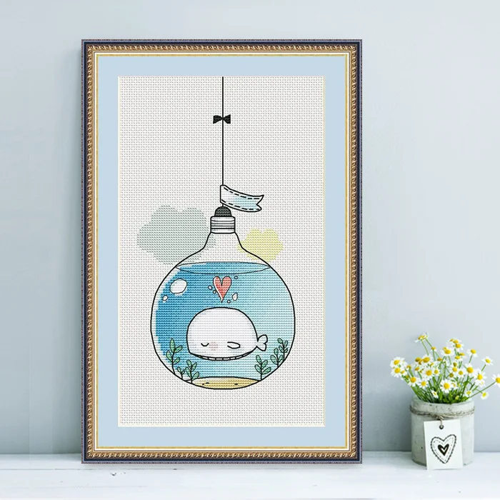 

Small whale cross stitch kit DMC brand thread animal dog count canvas fabric embroidery handmade needlework craft supplies
