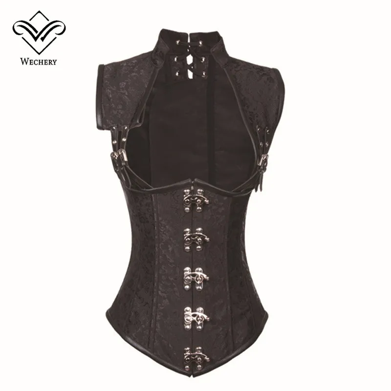 Tanie Wechery czarny gorset Steampunk odzież kobiety brokat Gothic pełna stalowo usztywniane gorsety pod biustem gorset seksowna kamizelka gorset S 6XL