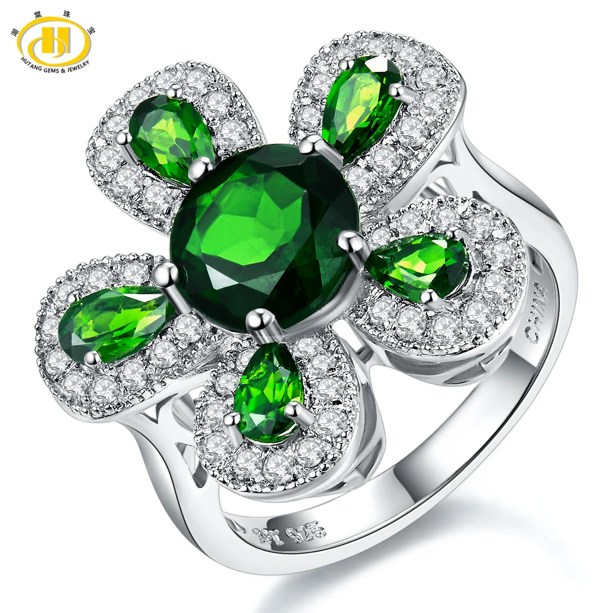 

Hutang 2017 New Solid 925 Sterling Silver Rings 2.32ct Natural Chrome Diopside & White Topaz Ring Women's Gemstone Fine Jewelry