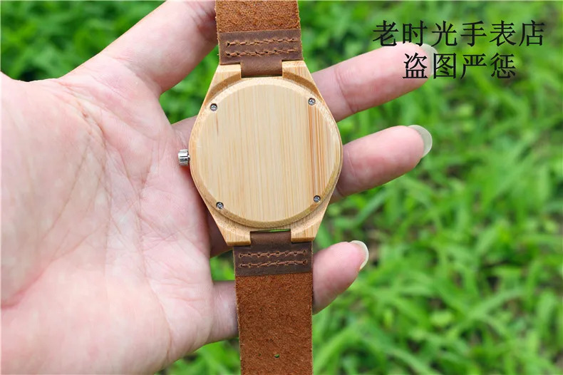 Hotime l15 Для мужчин кожаный ремешок Bamboo Часы с тигром циферблате для Для мужчин прохладный Кварцевые наручные часы с кожаной полосы Часы