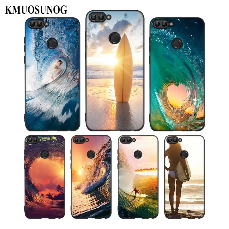 

For Huawei P8 P9 P10 P20 P30 Pro Lite P Smart Plus Y6 Y9 2019 Black Soft Silicone Phone Case Surfing Sea wave Style