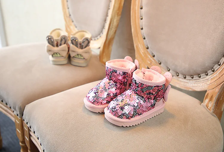 Botas de Neve Orelhas de Coelho Botas de Algodão Inverno Bonito Arco Lantejoulas Meninas Crianças Casuais Moda Princesa Botas Criança Boots21-30 15 High Quality Mamãe e Bebê