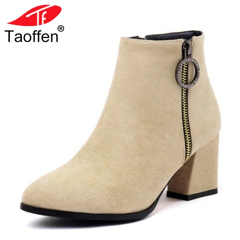 

TAOFFEN Women's Winter Ankle Boots Fur Warm Shoes Woman Thick Heels Short Boots Fashion Pointed Toe Footwear Size 32-43