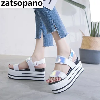 

Brand Genuine Leather Women Platform sandals shoes ladies Sneakers shoe 2019 summer Fashion platform High Heel footwear Black