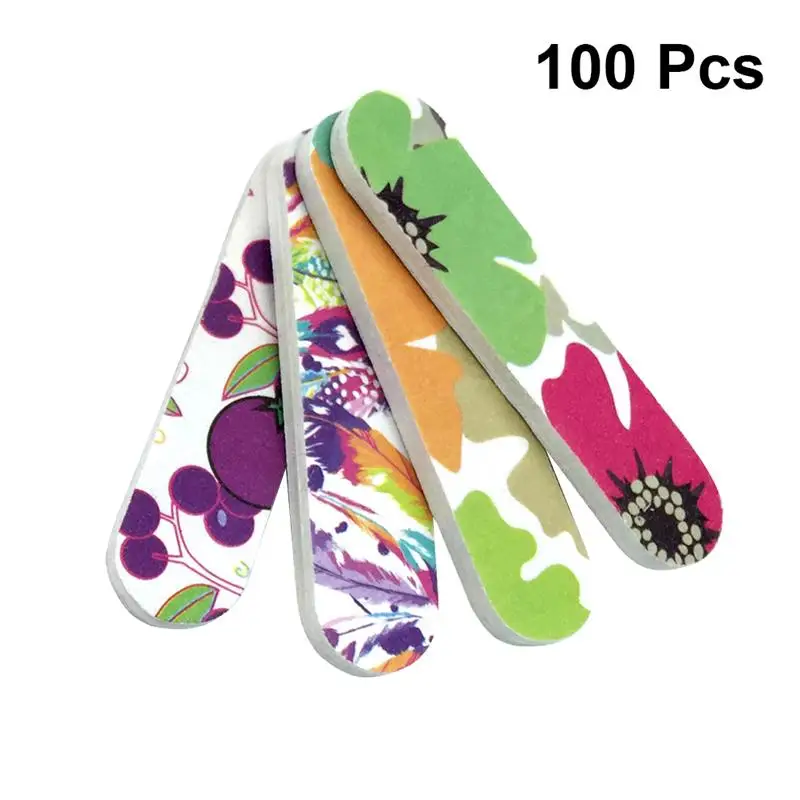 

100pcs Mini Nail Files Printing Double Sided Emery Board Nail Buffers Manicure Tools (Mixed Color)
