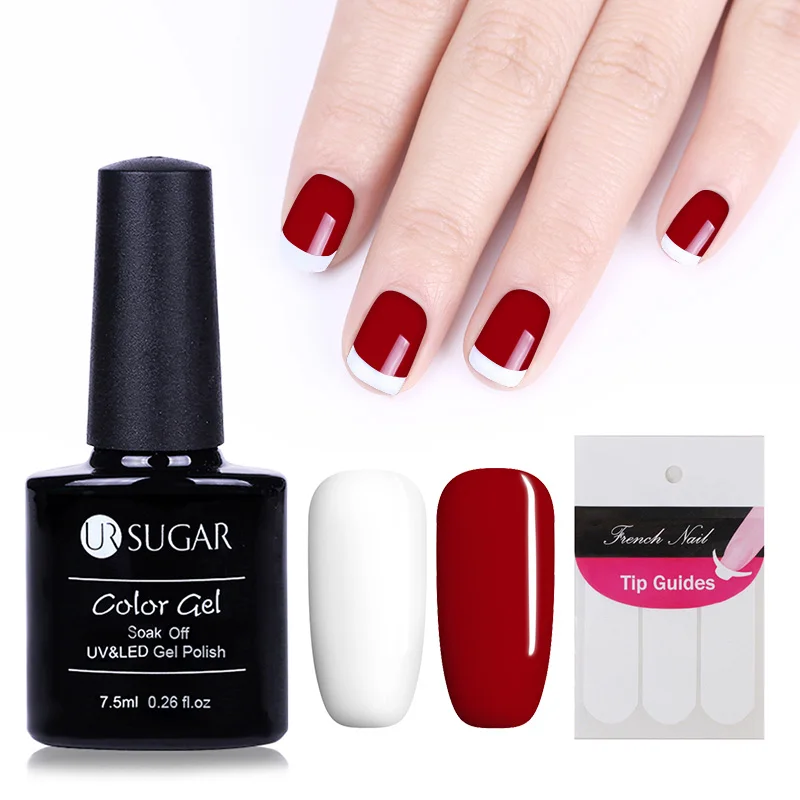 UR SUGAR 2Pcs Black White Gel Nail Polish Soak Off UV Gel Lacquer with French Tip Guides Nude Color DIY Manicure Nail Art GelSet