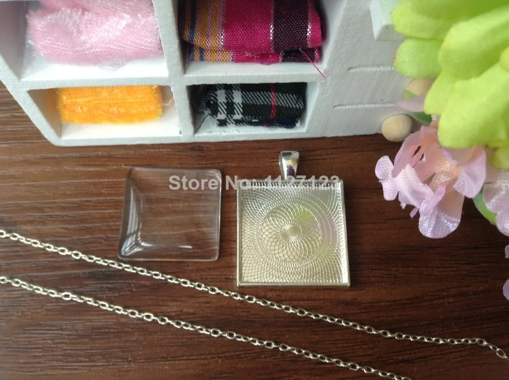 

30 Sets,25mm Silver plated Photo Pendant DIY Kits, Square, Cabochon Setting Metal Trays, Glass Cabochons, Metal Necklace Chains