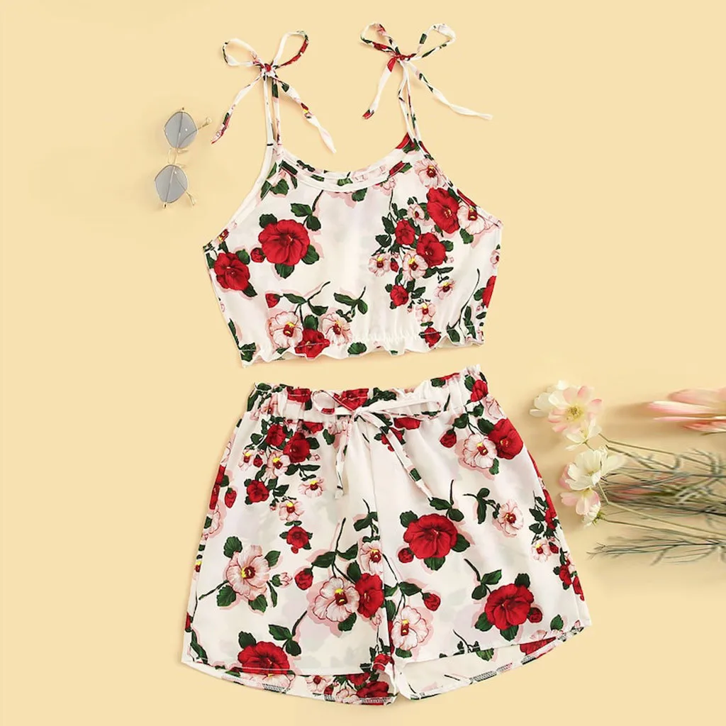 

2Pc/Set Fashion Floral Print Boho Beach Summer Bandage Strap Shirt Crop Tops + Shorts Women Sexy Shorts Outfit Set Tops Pant Set