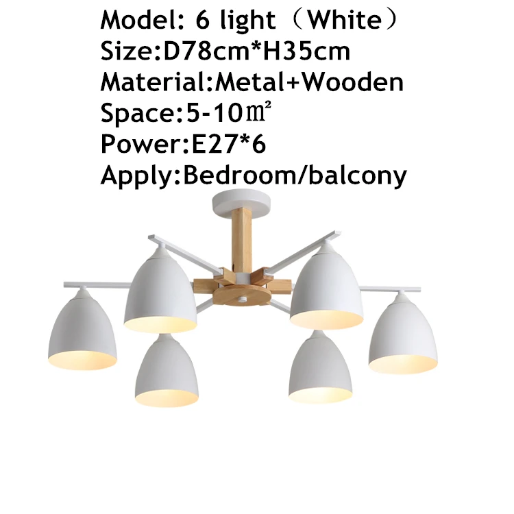 TRAZOS, скандинавский, 220 В, светодиодный, люстра с металлическим абажуром для гостиной, E27, деревянная люстра, освещение, современный фойе, блеск - Цвет абажура: White 6 Light