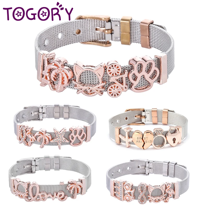 

TOGORY High Quality Stainless Steel Mesh Bracelet With Crystal Cartoon Dog Claw Charms Fine Bracelets Set For Women Kids Gift