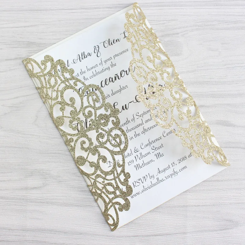Роскошное Свадебное приглашение блестящие золотистые серебристые, лазерные вырезанная свадебная открытка с бабочкой лента печать вечерние