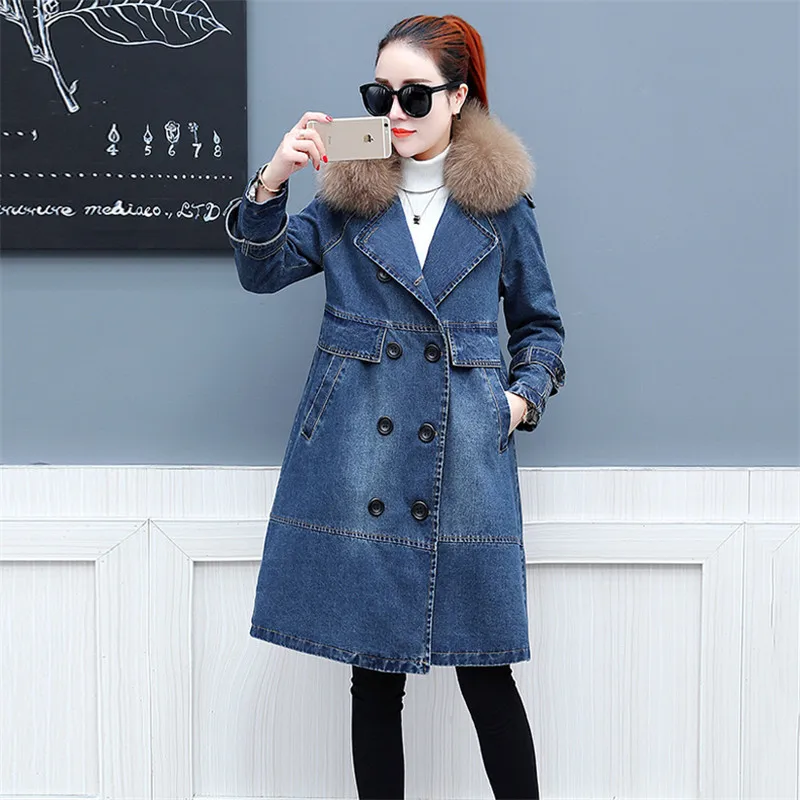 

Imitation Fox Big Fur Collar Denim Jacket Women Medium Long Parkas 2019 Winter Thick Double-Breasted Cotton Coats Female JIA396