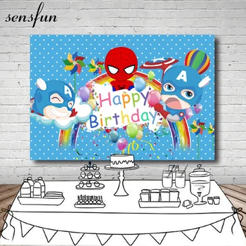 

Sensfun Blue White Polka Dots Photography Backgrounds Cartoon Spiderman Rainbow Balloon Children Birthday Party Backdrop 7x5ft