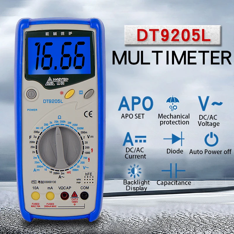 

HONEYTEK Digital LCD Multimeter Meter tester Current AC/DC Temperature Tester Voltage Resistance Capacitance Frequency DT9205L