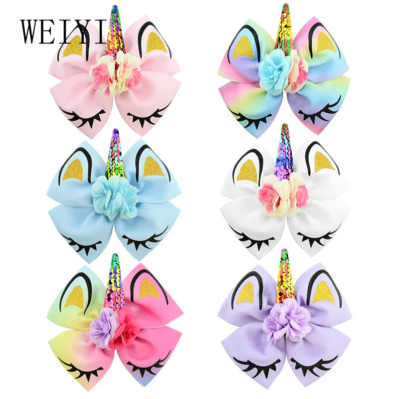 

1Pcs 6.3 Inches Hairpin Headwear Colorful Girls Unicorn Collection Coral Colorful Hairpin Large Hair Bows Hair Accessories 885