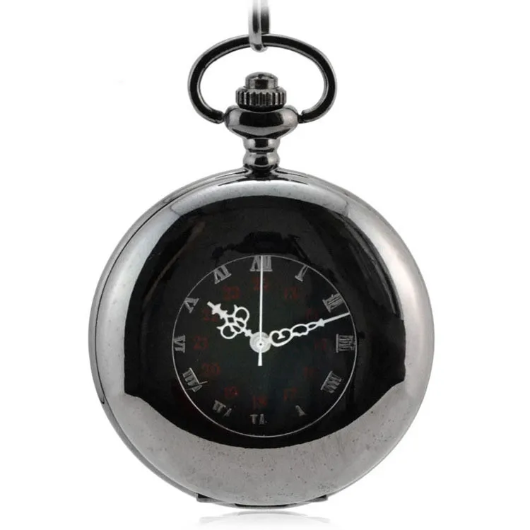 Antigo Polimento Esqueleto Preto Mecânica Vento Bolso Fob Relógios Clamshell Negócios Masculino Poket Relógio Pingente Colar Mão