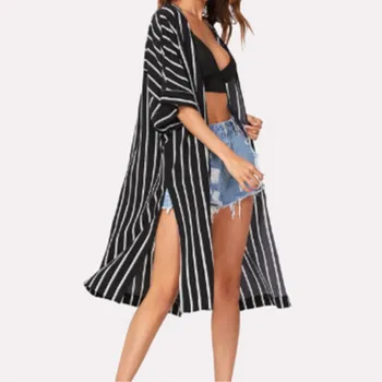 

Women Vintage Kimono Cardigan Ladies 2019 Summer Stripe Tops Loose Beach Wear Blouses Women Summer Tops