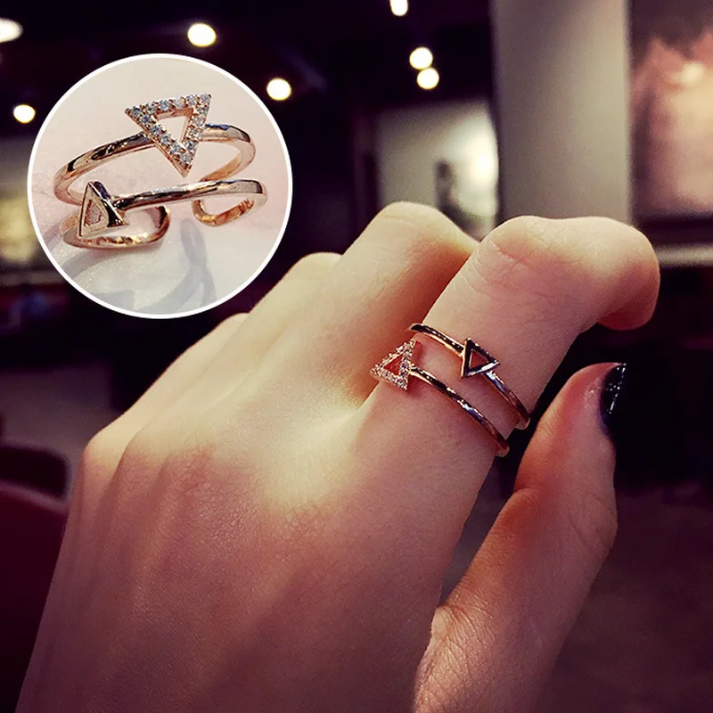 

2018 new fashion micro inlaid zircon double triangle ring accessories female couple ring two knuckle tail ring jewelry