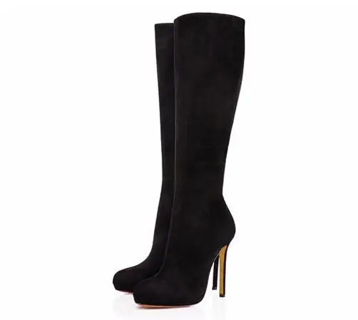 

Woman black solid flock round toe high heel knee-high boots Ladies super high thin heel long boots Fashion boots Rome shoes