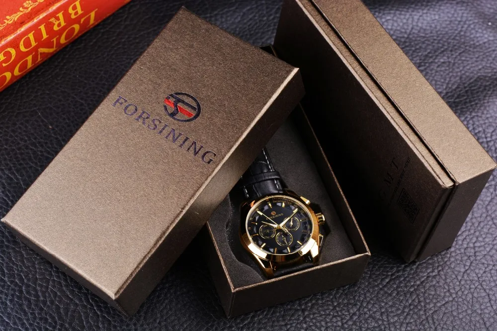 Forsining ретро модные дизайнерские три циферблата украшения из натуральной кожи золотые мужские роскошные брендовые автоматические механические часы