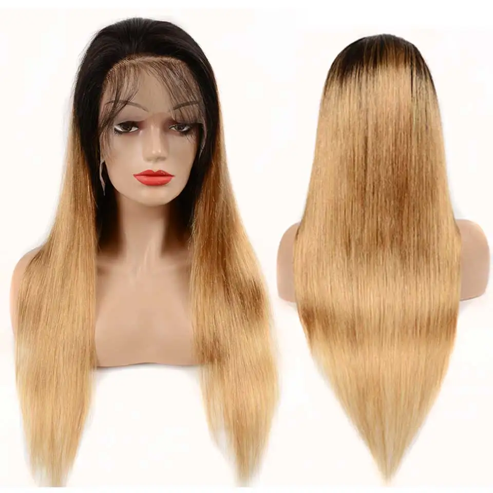 1b 27 Омбре прямые человеческие волосы на кружеве парик часть основные 13x4 не Реми бразильские парики на кружеве для черных женщин - Цвет: T1B/27