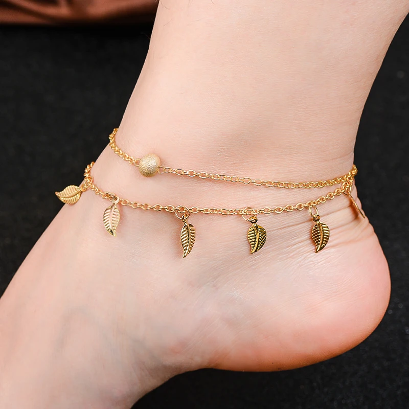 

MISANANRYNE Summer Beach Bohemian Style Gold & Sliver Colors Double Layer Chain Anklet Leaves Star Pendant Charm Foot Jewelry