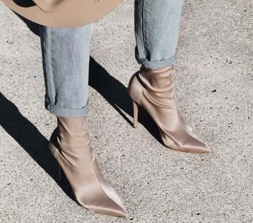 

2018 Fashion Silk Ankle Boots For Women Pointed Toe High Heel Women Sock Boots Street Style Solid.