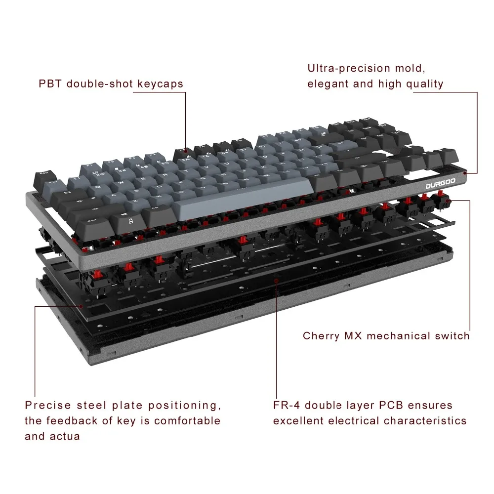 Механическая клавиатура DURGOD Cherry MX Switch N-key rolllover 87 клавиш(PBT) интерфейс type C для геймера/машиниста/офиса(qwerty-раскладка